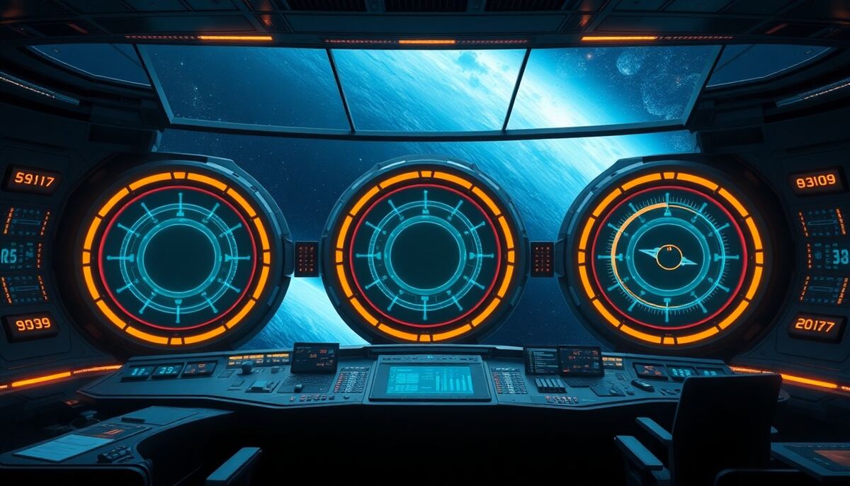 epische Weltraumszene mit Flottenkampf bei Überlichtgeschwindigkeit vor blau-orangefarbener Nebelkulisse