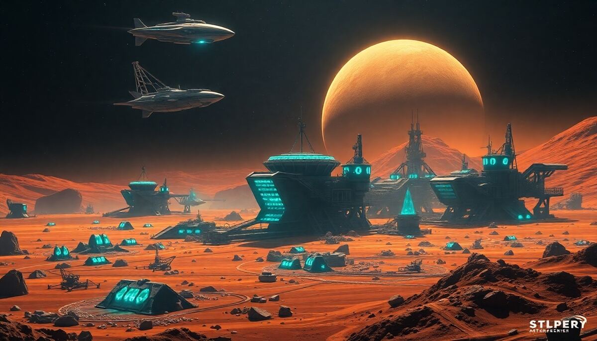 futuristische Bergbaukolonie mit Erntemaschinen vor Weltraumkulisse