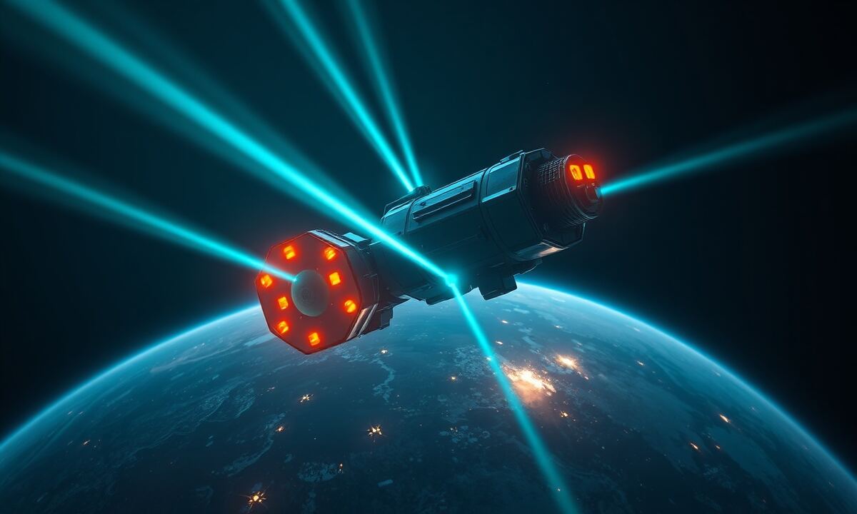 A sci-fi surveillance satellite scanning a planet, representing OGames automated cheat detection