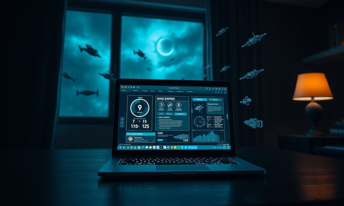 Laptop showing a space empire strategy game with holographic resource displays