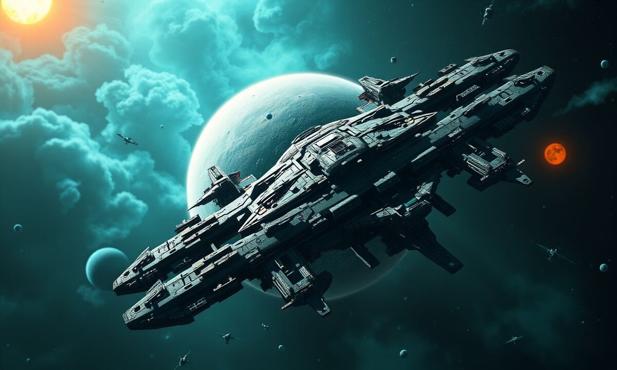 Massive space station with battleship fleet docked, representing OGame's strategic depth