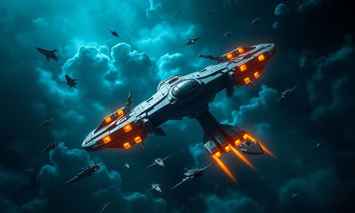 Fleet of warships assembling near a space station in Nebula universe