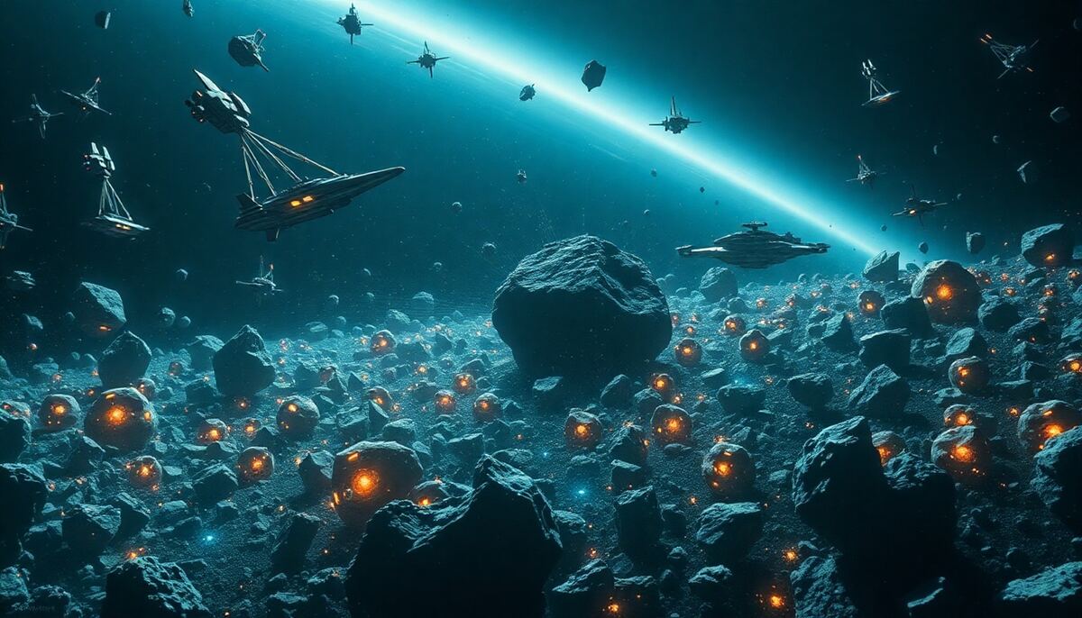 Salvage ships collecting debris from a space battle