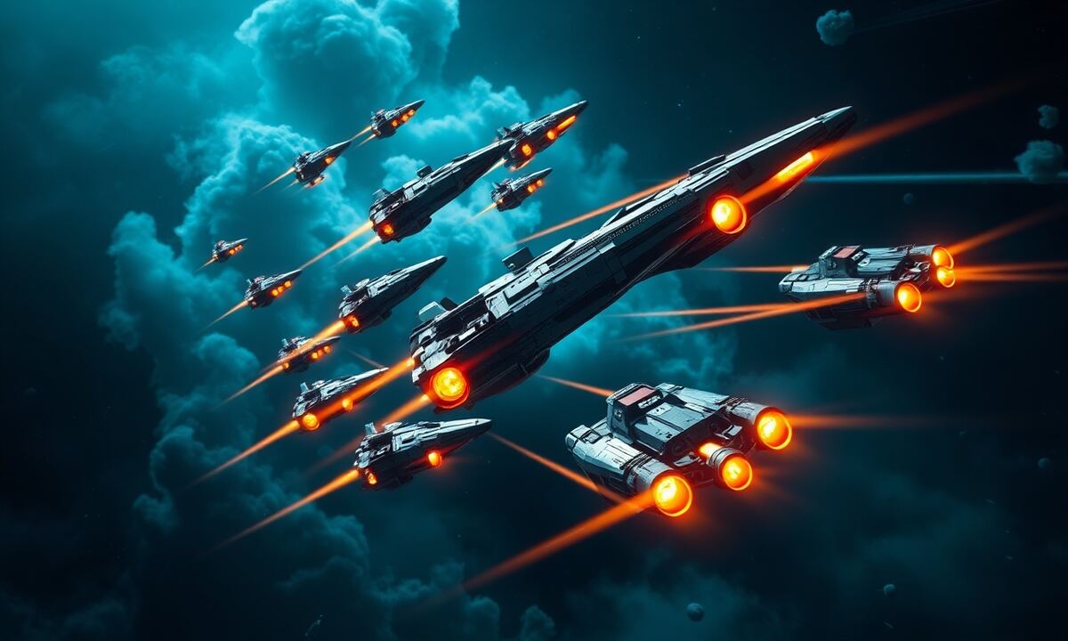A fleet of warships in formation learning combat maneuvers in deep space