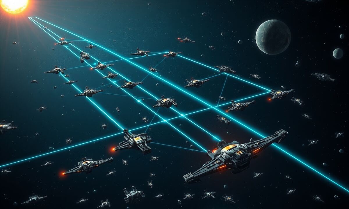 A growing empire of colony planets connected by trade routes in deep space