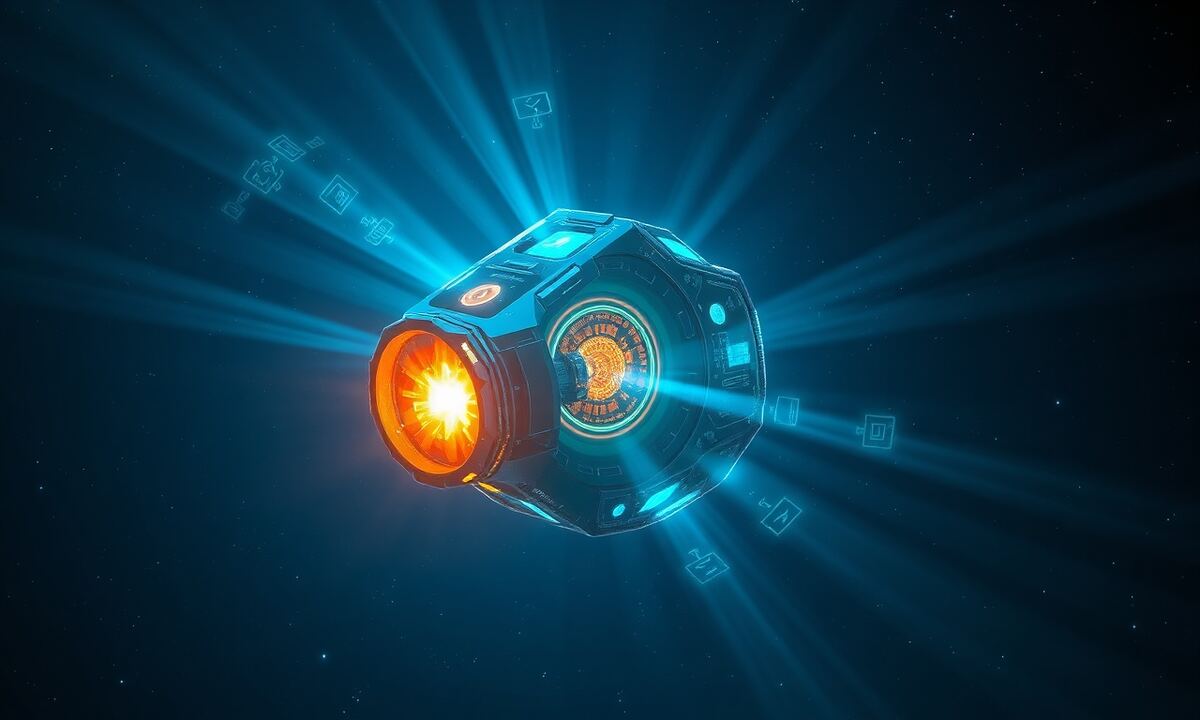 A holographic information beacon in deep space representing player questions