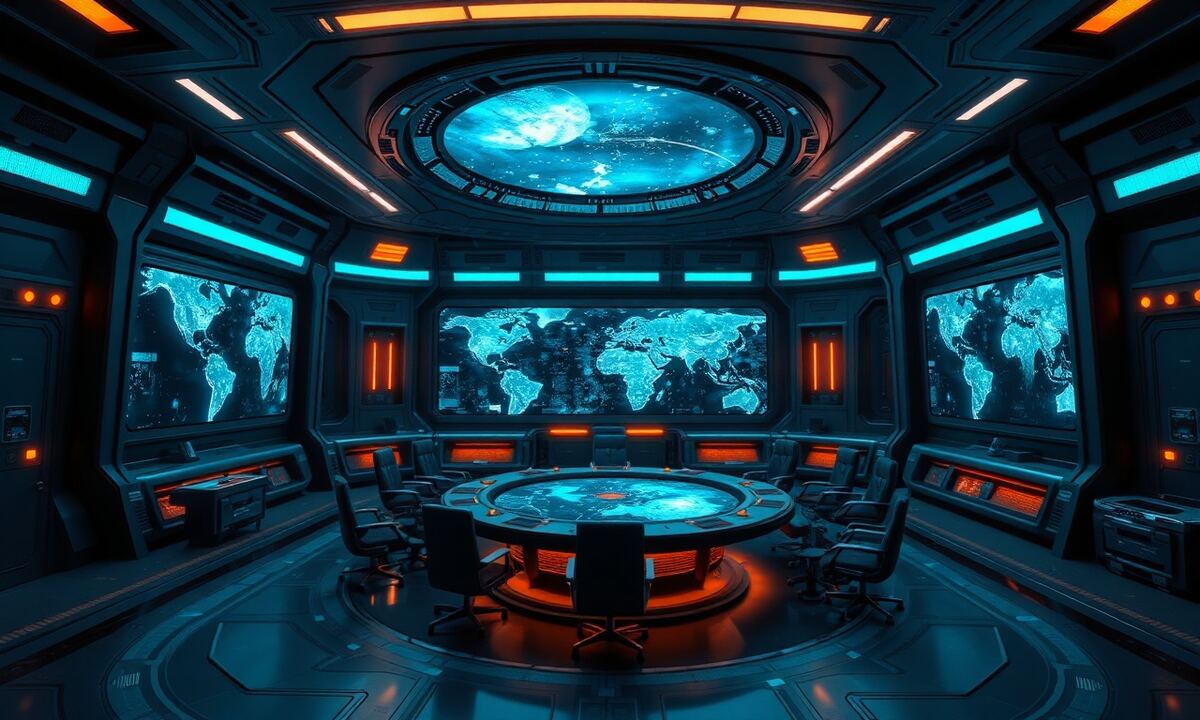 OGame alliance council planning strategy on a holographic galaxy map