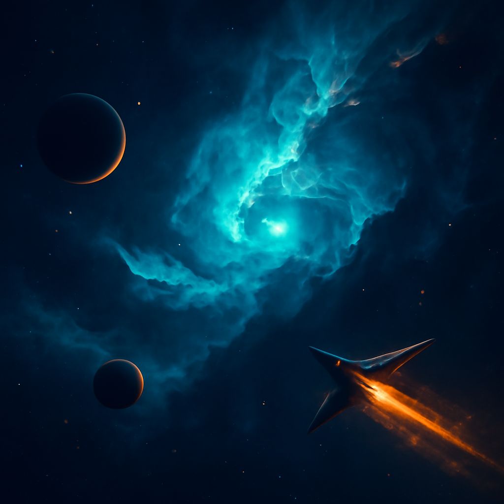 Faszinierende Sci-Fi-Weltraumdarstellung mit dunklem Himmel und farbiger Nebelwolke als Symbol für OGame Einstieg