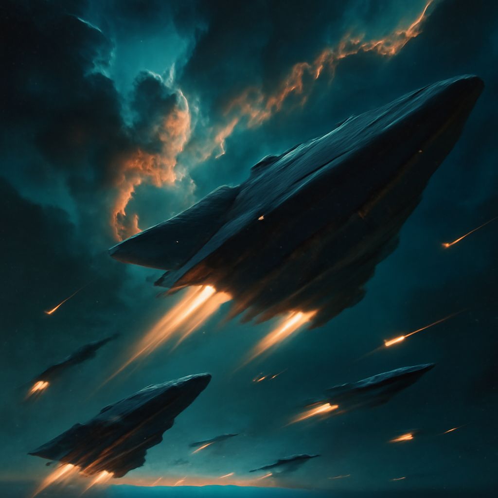 Futuristische Stealth-Flotte startet Überraschungsangriff unter Nebelwolken