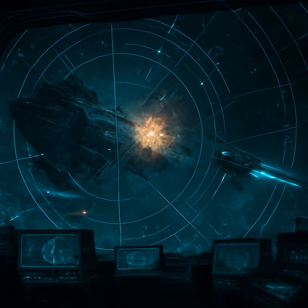 Taktische Weltraumkampfszene mit Risikoanalyse-Hologramm