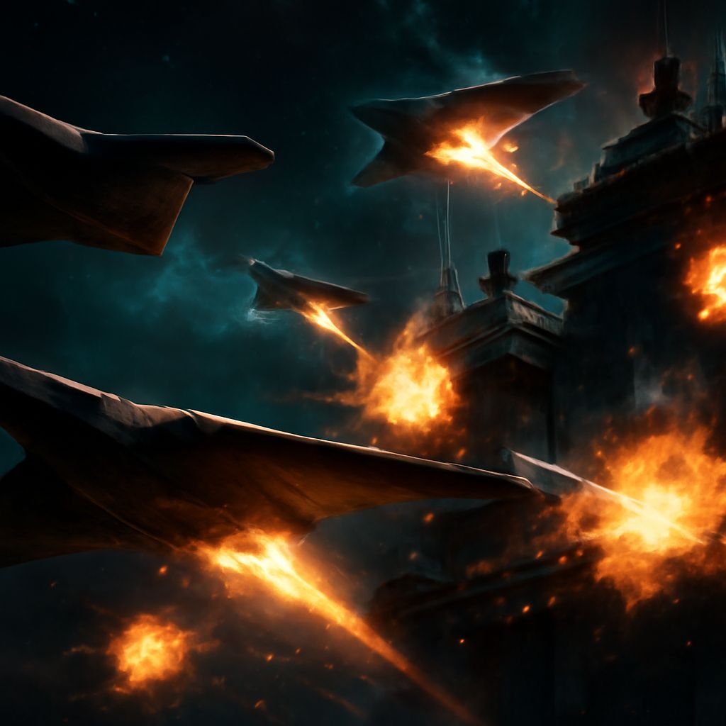 Stealth-Bomber greifen eine stark verteidigte Raumstation an, helle Explosionen im dunklen Weltraum