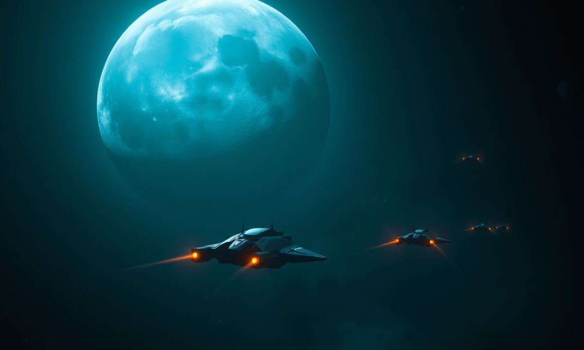 OGame ninja attack concept art — small ship hiding behind a moon to ambush an incoming fleet