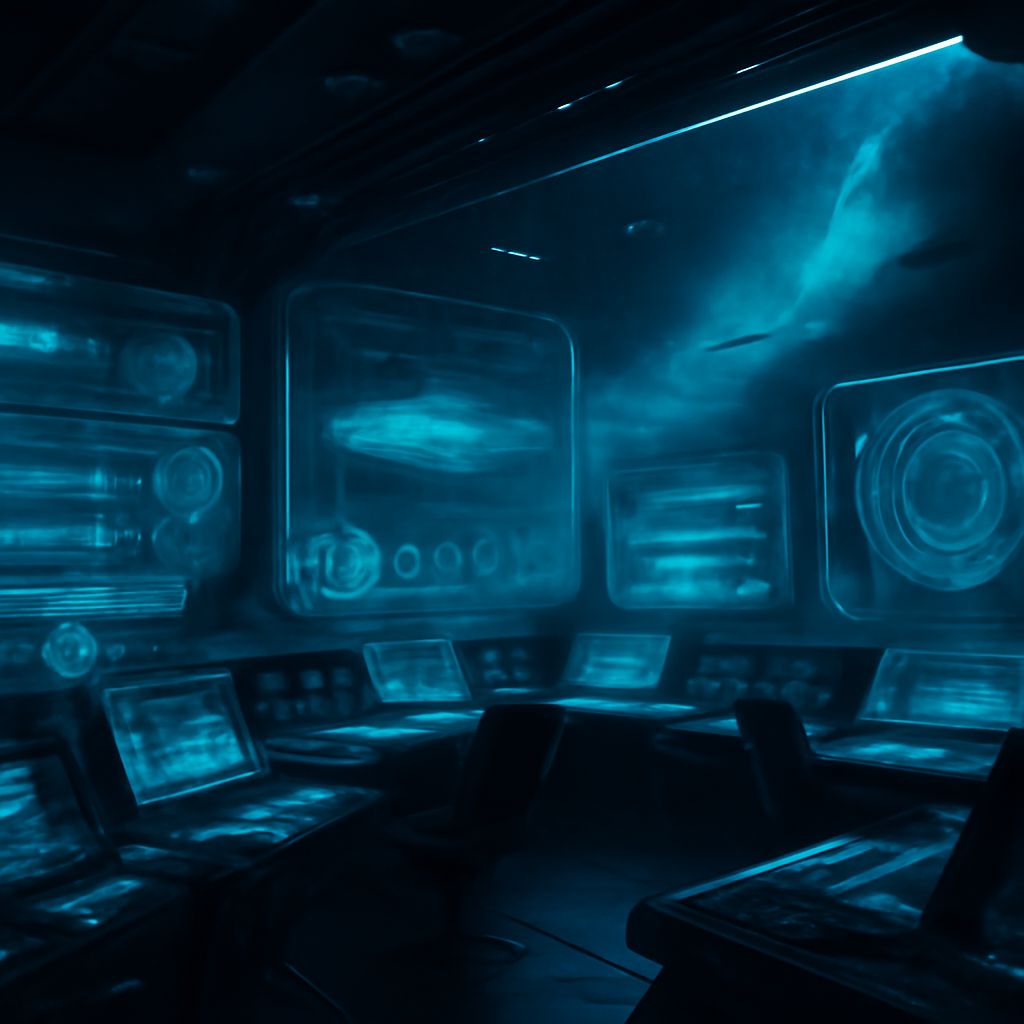 Futuristisches Raumschiff-Kommandocenter mit holografischen Displays für Flottenslots und Computertechnik