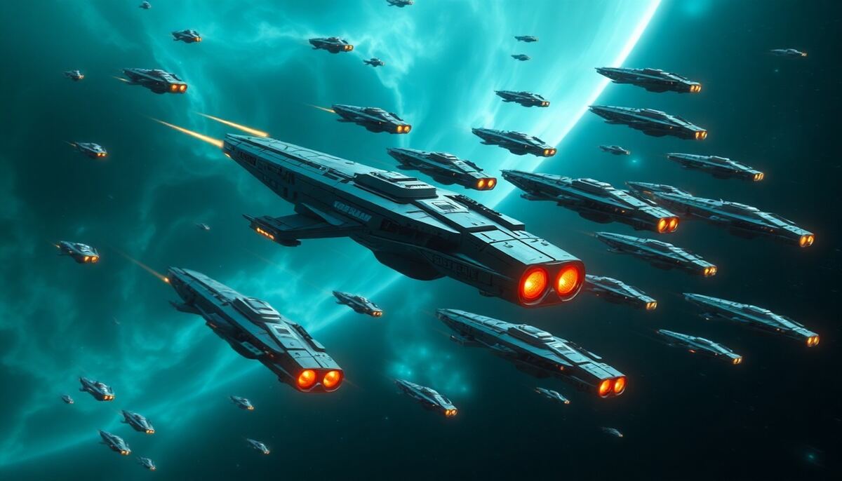 Mixed OGame fleet with cruisers leading cargo ships in formation