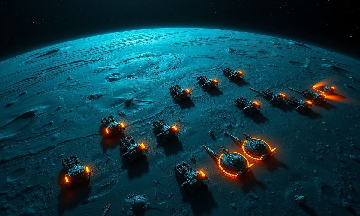 Full lineup of OGame defense structures on a planet surface