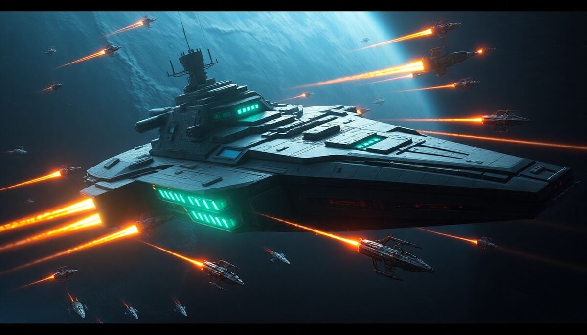 OGame destroyer in open space combat with glowing shields and weapons fire