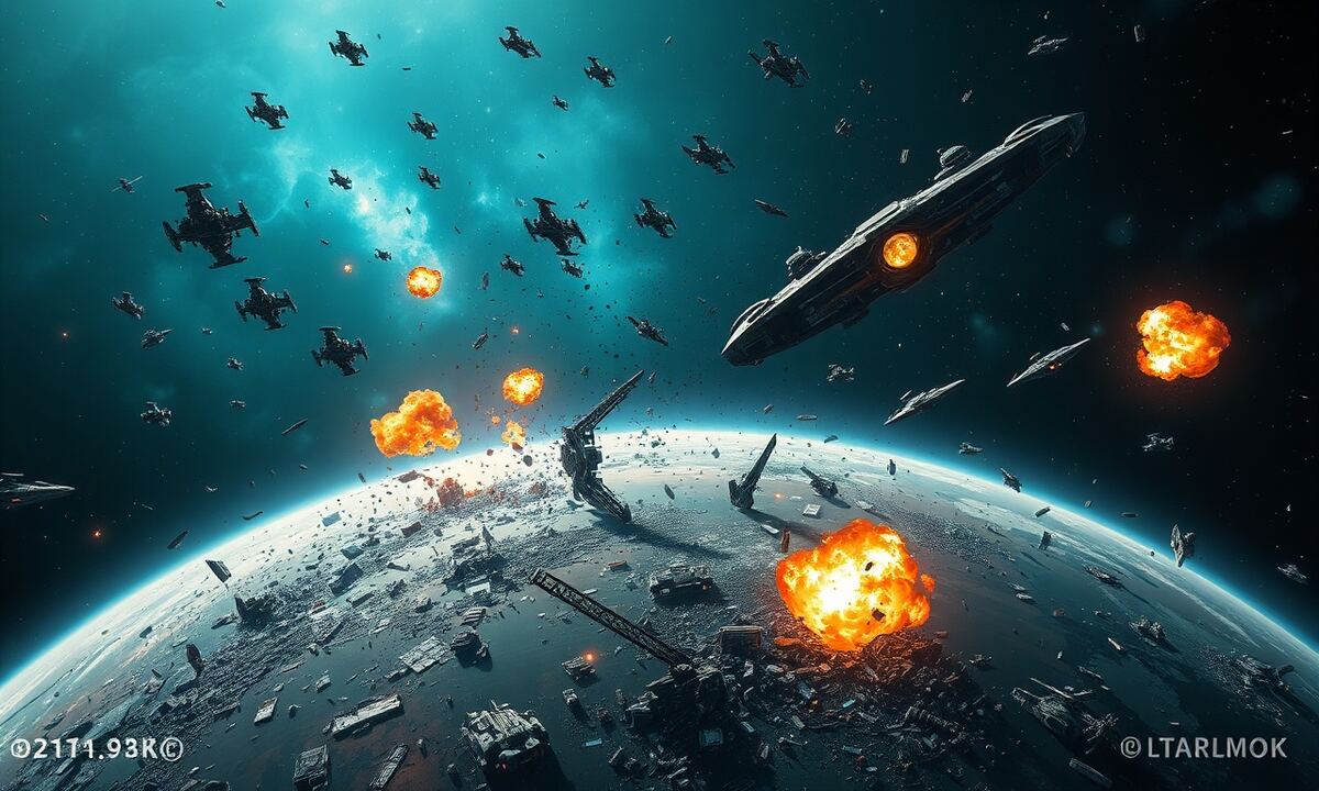 Aftermath of a fleet battle over a defended planet with wreckage field in OGame