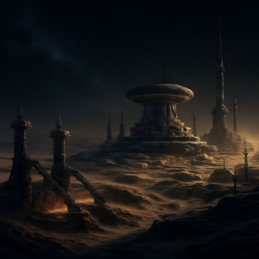 Futuristische kalte Kolonie mit Bergbauanlagen auf einem kargen Planeten im Weltraum