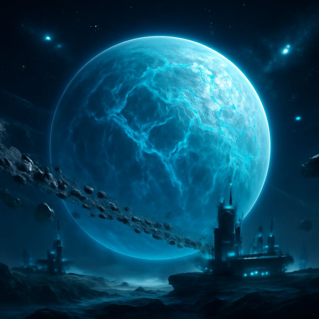 Futuristischer kalter Deuterium-Planet mit Bergbauanlagen im All