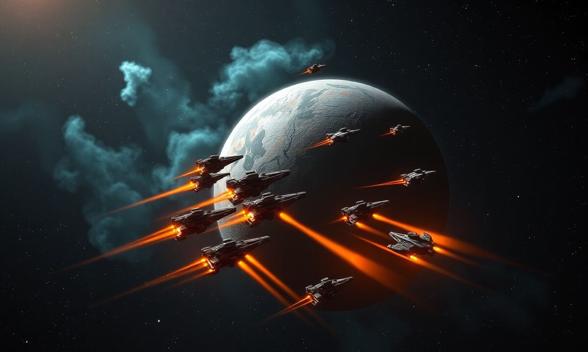 Small OGame cargo and fighter ships with combustion drive exhaust