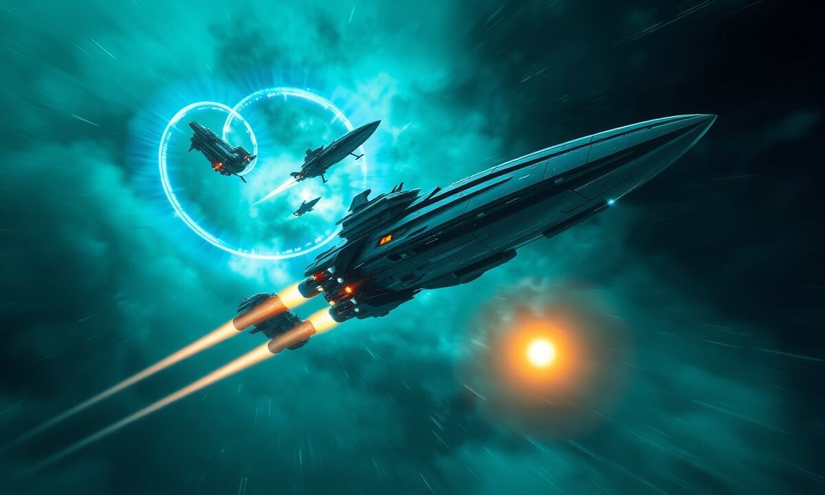 OGame Cruisers accelerating on impulse drives through a nebula