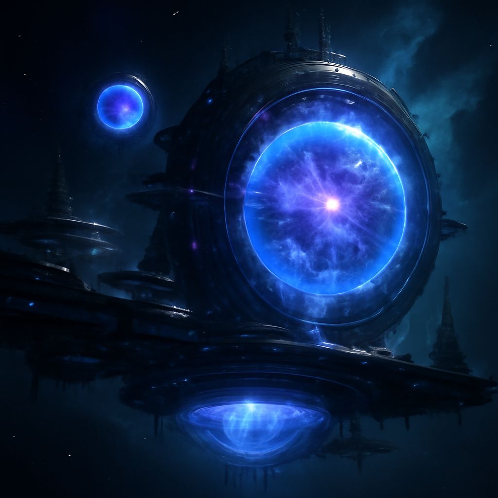 Futuristische Raumstation mit leuchtenden blauen und violetten Energie-Kernen, symbolisiert Dunkle Materie im Weltraum