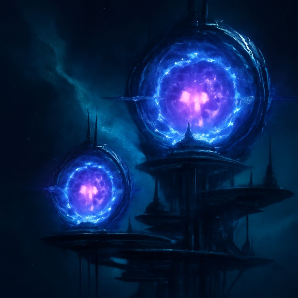 Futuristische Raumstation mit leuchtenden blauen und violetten Energie-Kernen, symbolisiert Dunkle Materie im Weltraum