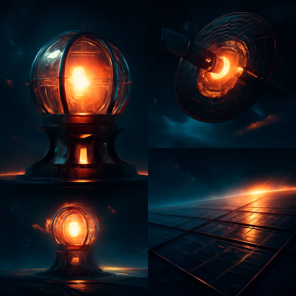 Futuristische Weltraum-Energiequellen: Fusion, Solarsatelliten und Solarfelder unter einem leuchtenden Nebel im All
