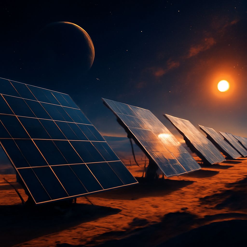 Große Solarfelder auf einem Planeten mit leuchtendem Nebel im Hintergrund