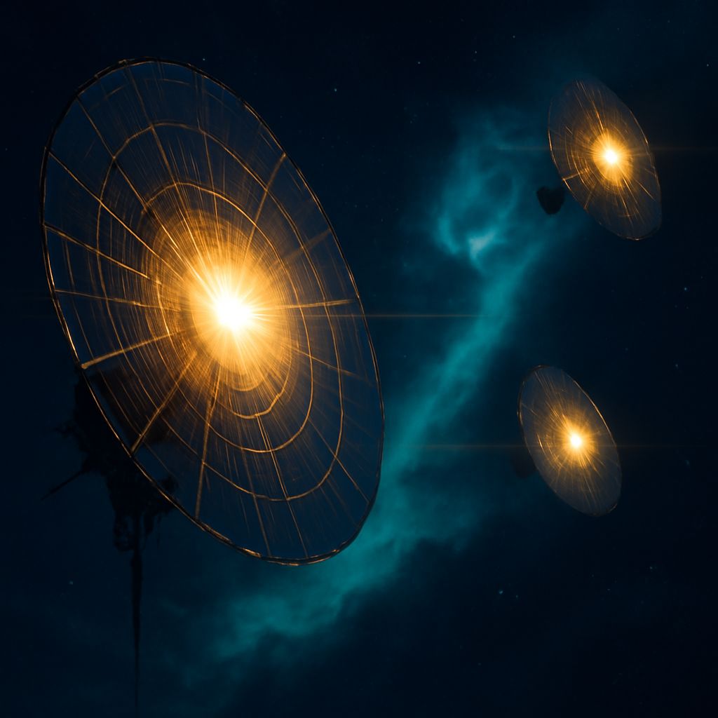 Leuchtende Solarsatelliten im Orbit vor einem Nebel im Weltraum