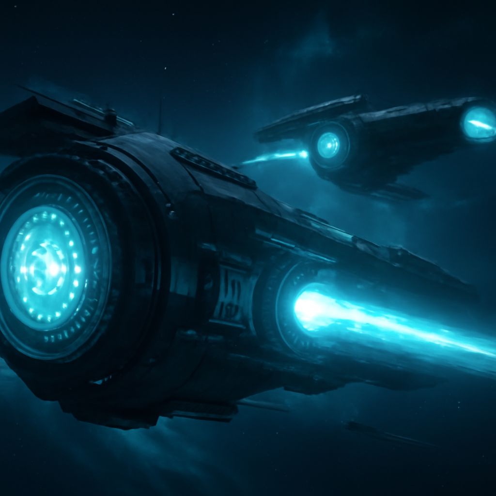 Leuchtender Hyperantrieb eines Sci-Fi-Raumschiffs im dunklen Weltraum