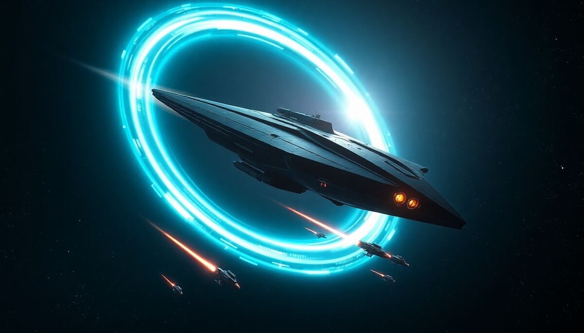 Capital warships emerging from a teal hyperspace portal in deep navy space