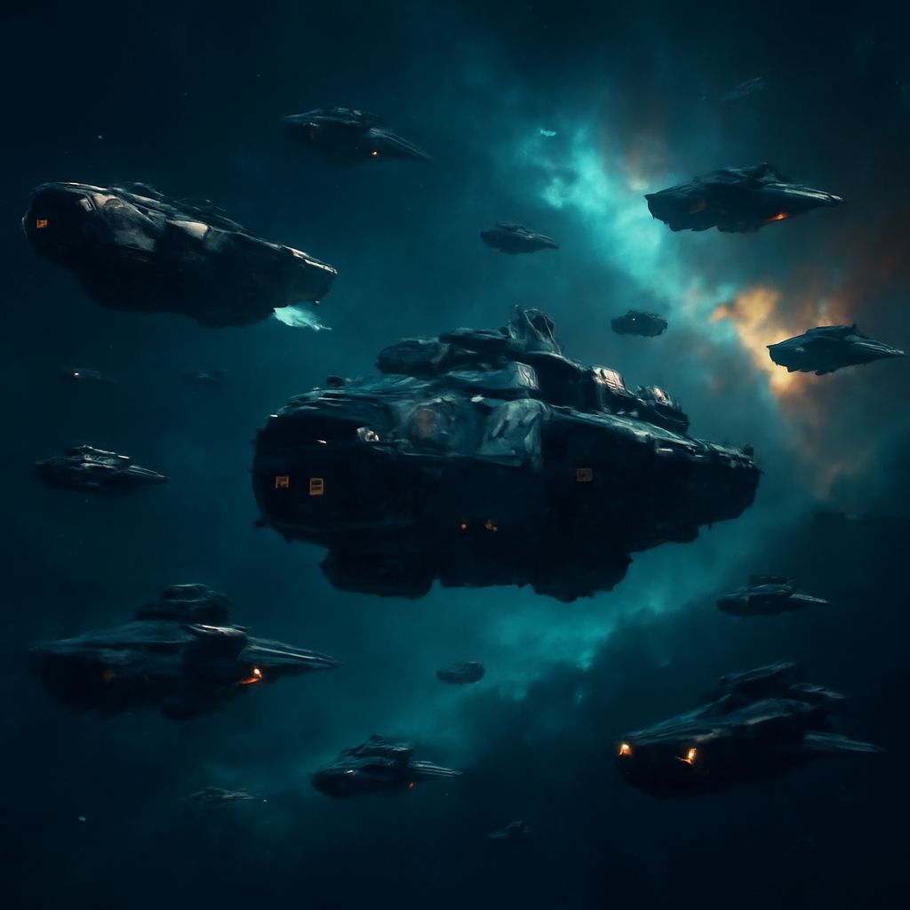Sci-Fi Weltraumflotte mit verschiedenen kleinen bis mittleren Schiffen vor Nebelkulisse