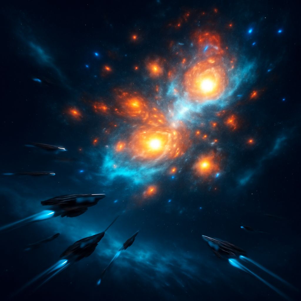 episches Weltraumkunstwerk eines neu entstehenden Galaxiehaufens mit aktiven Sternsystemen und dynamischer Flottenbewegung