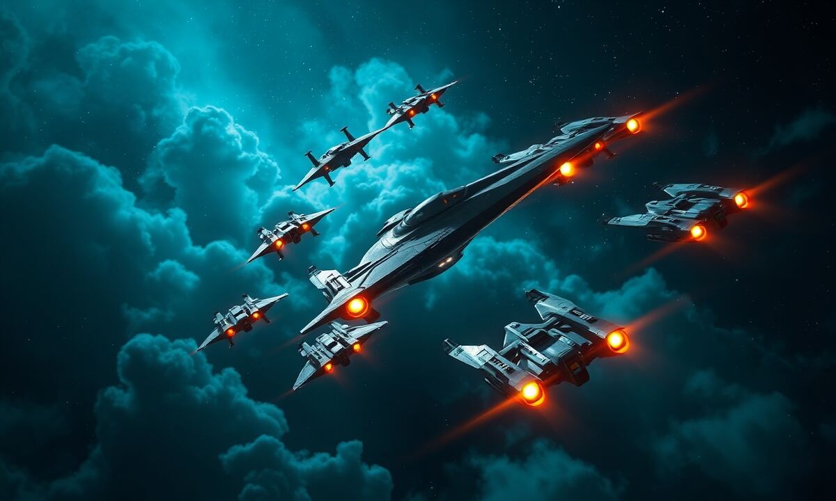 OGame light fighters flying in combat formation through deep space