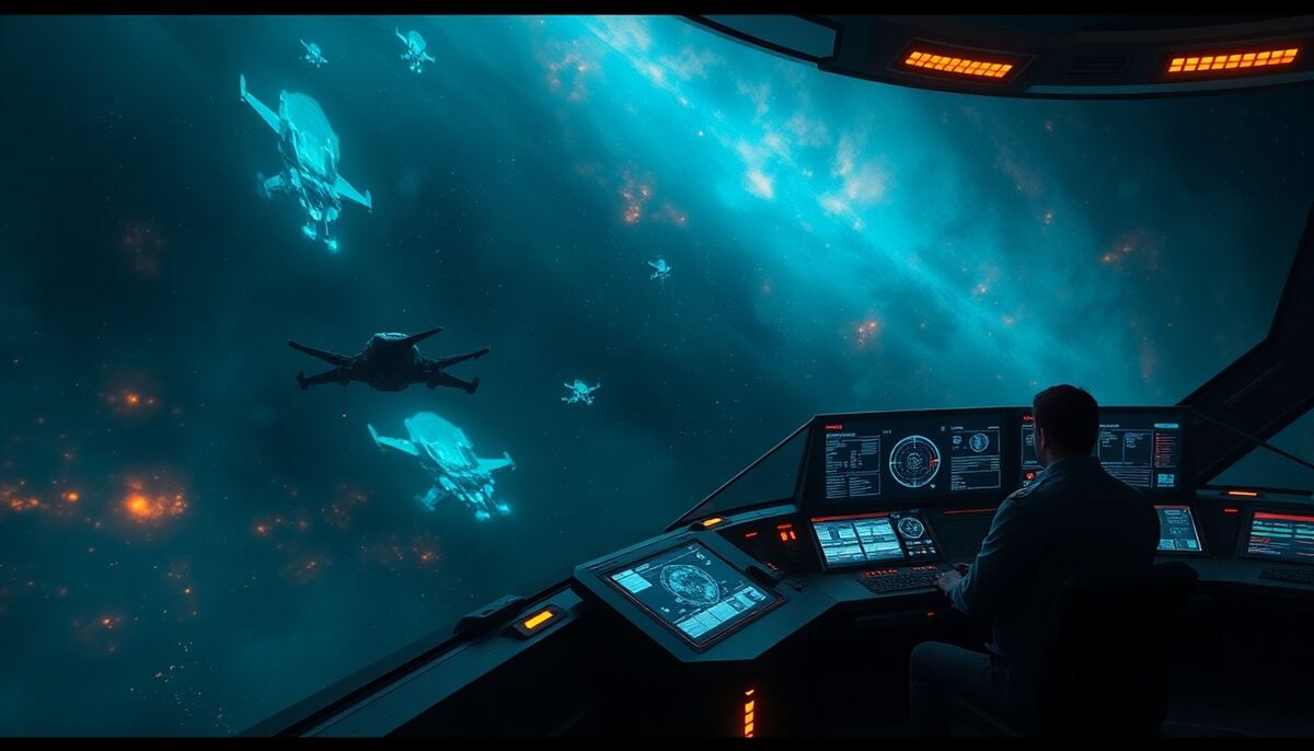 Raumschiffwrack vor zerstörtem Planeten im Weltraum, dramatische Weltraumszenerie mit Nebeln und Explosionen