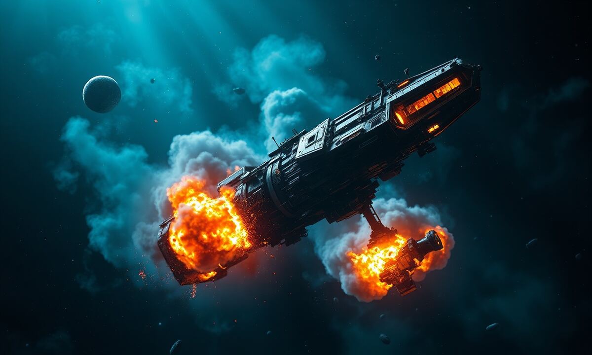 Burning fleet wreckage drifting through space after being caught at home planet