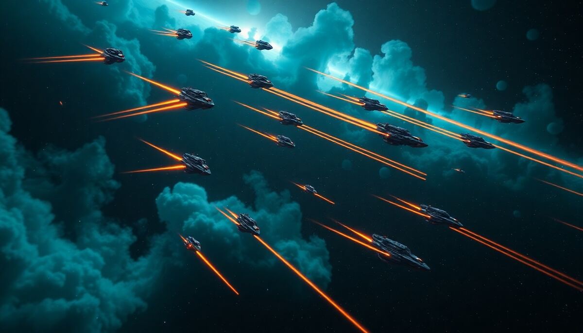 Different OGame fleet mission types shown as ships flying on multiple trajectories through nebula space