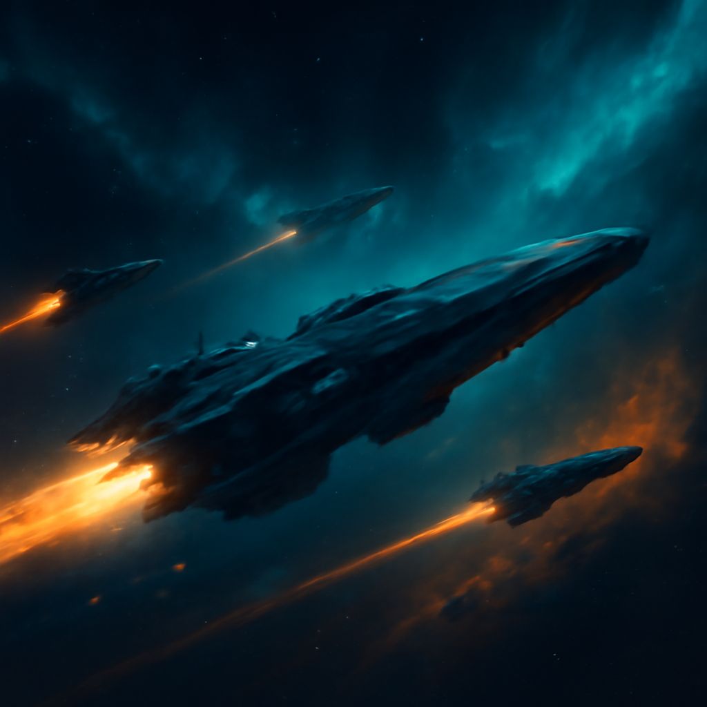 epische Weltraumszene mit schnittiger Raiding-Flotte vor dunklem, blau-türkis nebelfarbenem Hintergrund