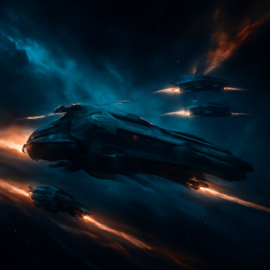 epische Weltraumszene mit schnittiger Raiding-Flotte vor dunklem, blau-türkis nebelfarbenem Hintergrund