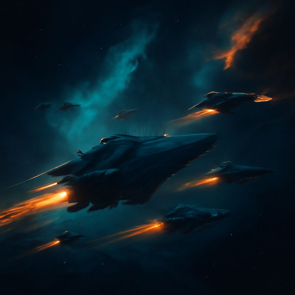 epische Weltraumszene mit schnittiger Raiding-Flotte vor dunklem, blau-türkis nebelfarbenem Hintergrund