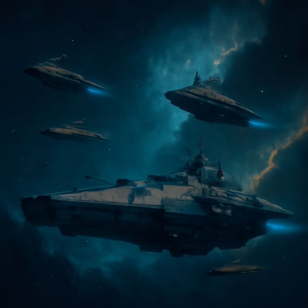 Epische Weltraumflotte mit mehreren Schiffen vor einem dunkelblauen Nebelhimmel