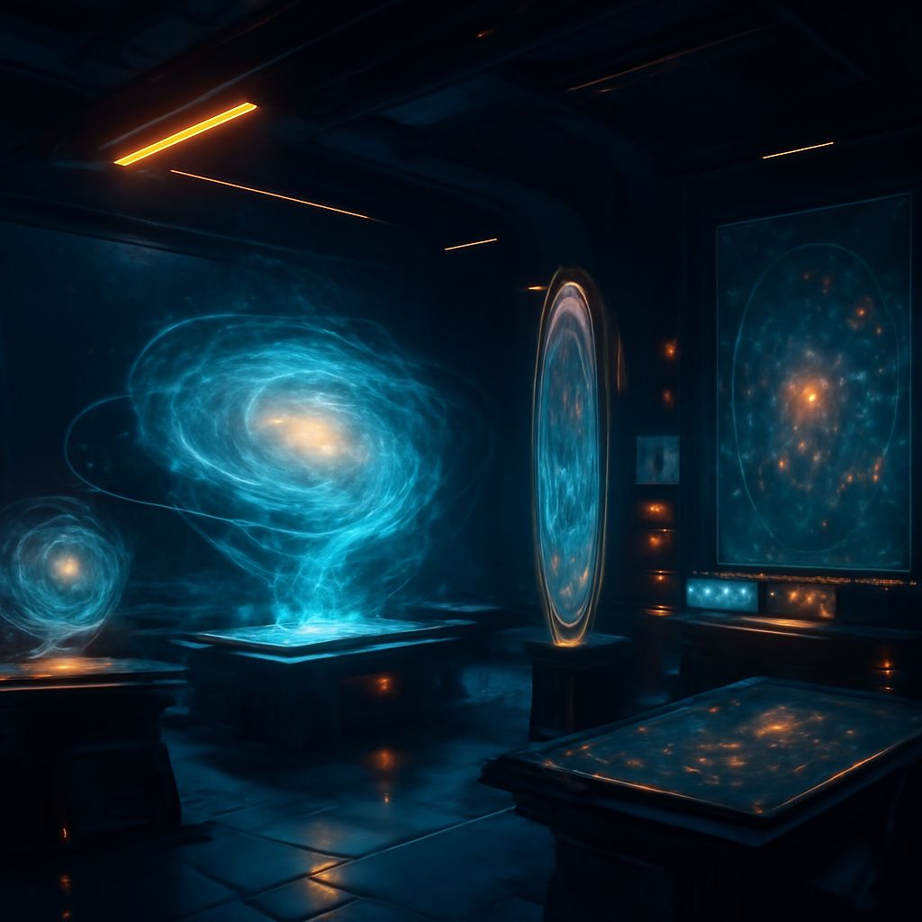 Futuristisches Weltraum-Forschungslabor mit holografischen Galaxiekarten und moderner Technologie in dunklem Weltraumhintergrund