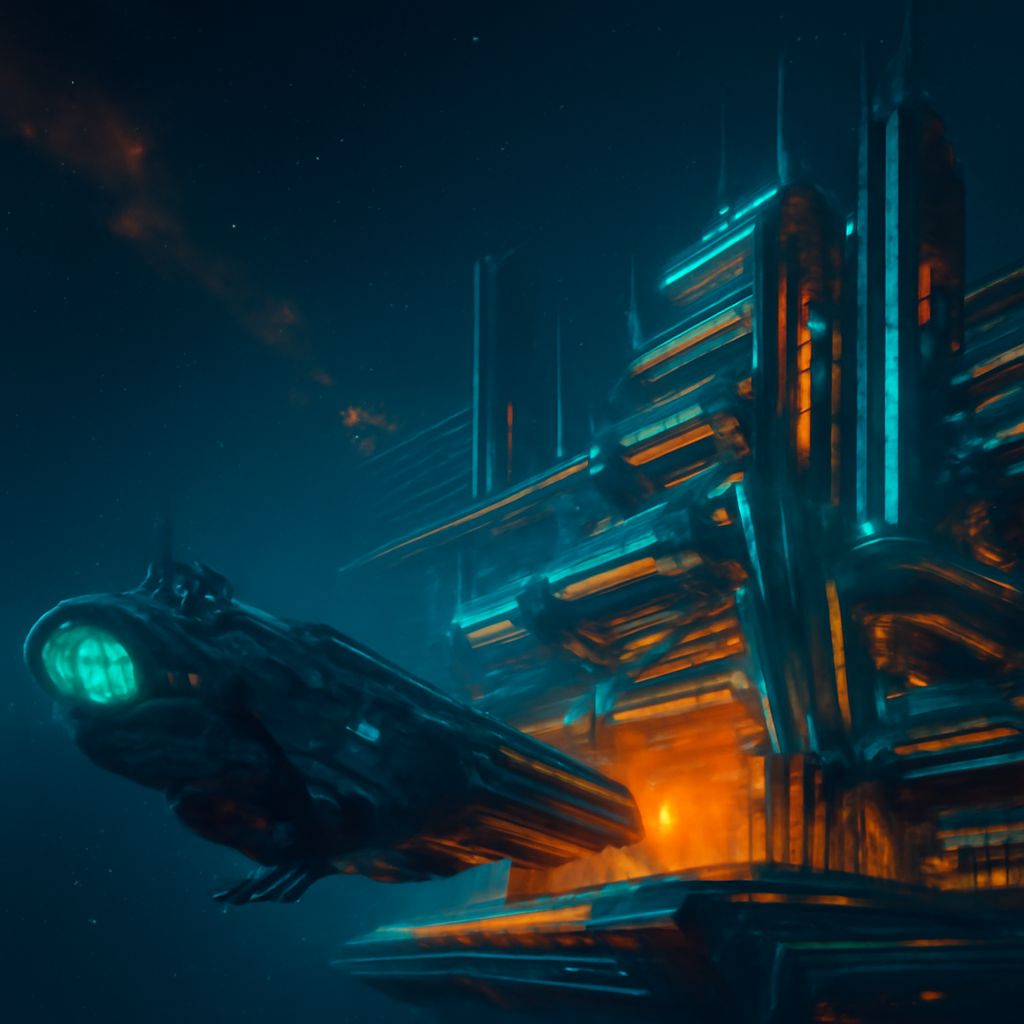 Futuristisches Raumschiff an einer intergalaktischen Handelsstation im tiefen Weltraum mit Neonlichtern