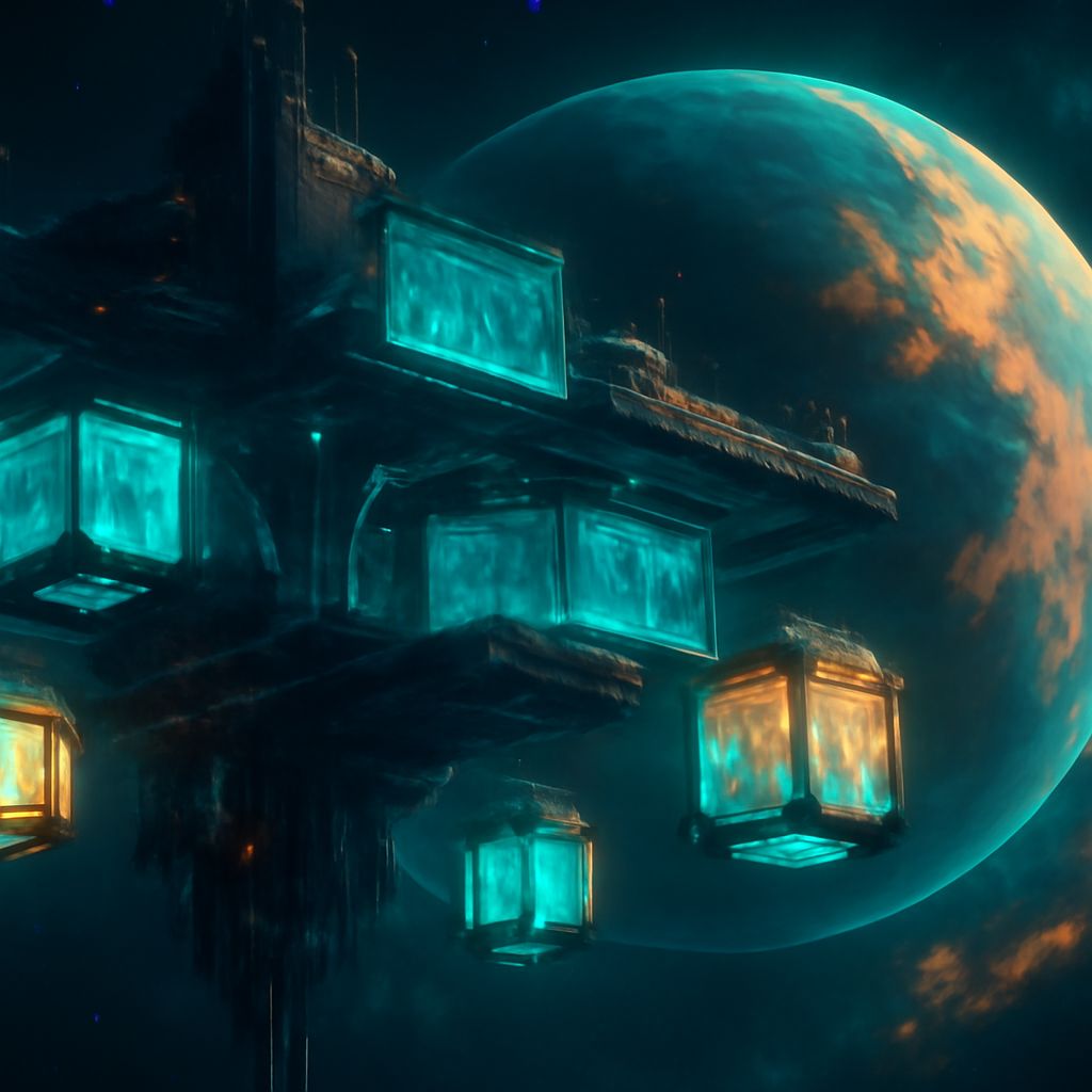 futuristischer handelsstützpunkt im orbit eines planeten mit leuchtenden ressourcencontainern und holographischen handelsanzeigen
