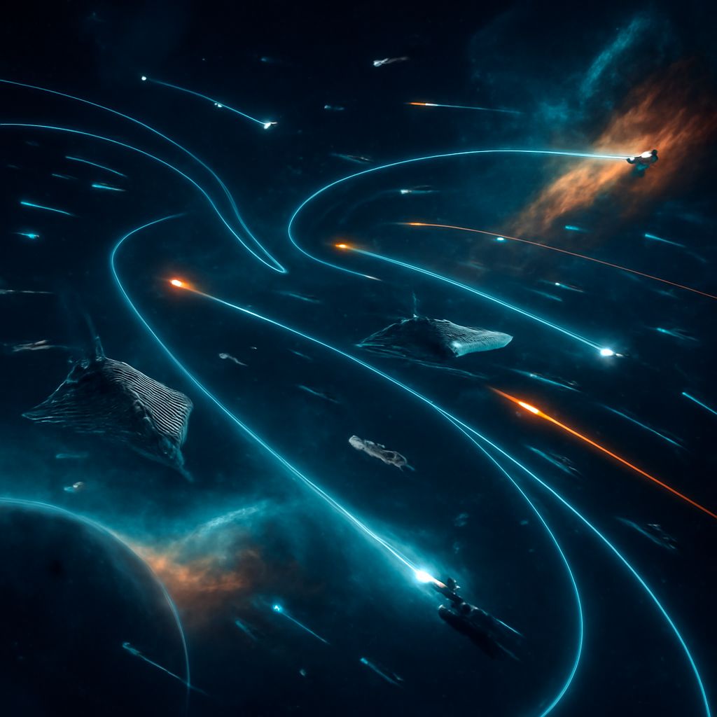 Strategische Raumschlacht vor dunklem Weltraumhintergrund mit leuchtenden Flottenbewegungen und farblichen Nebeln