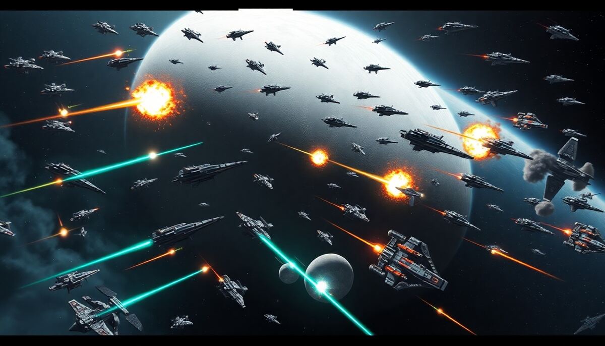 Massive space fleet battle above a gas giant, representing OGame's golden era of PvP