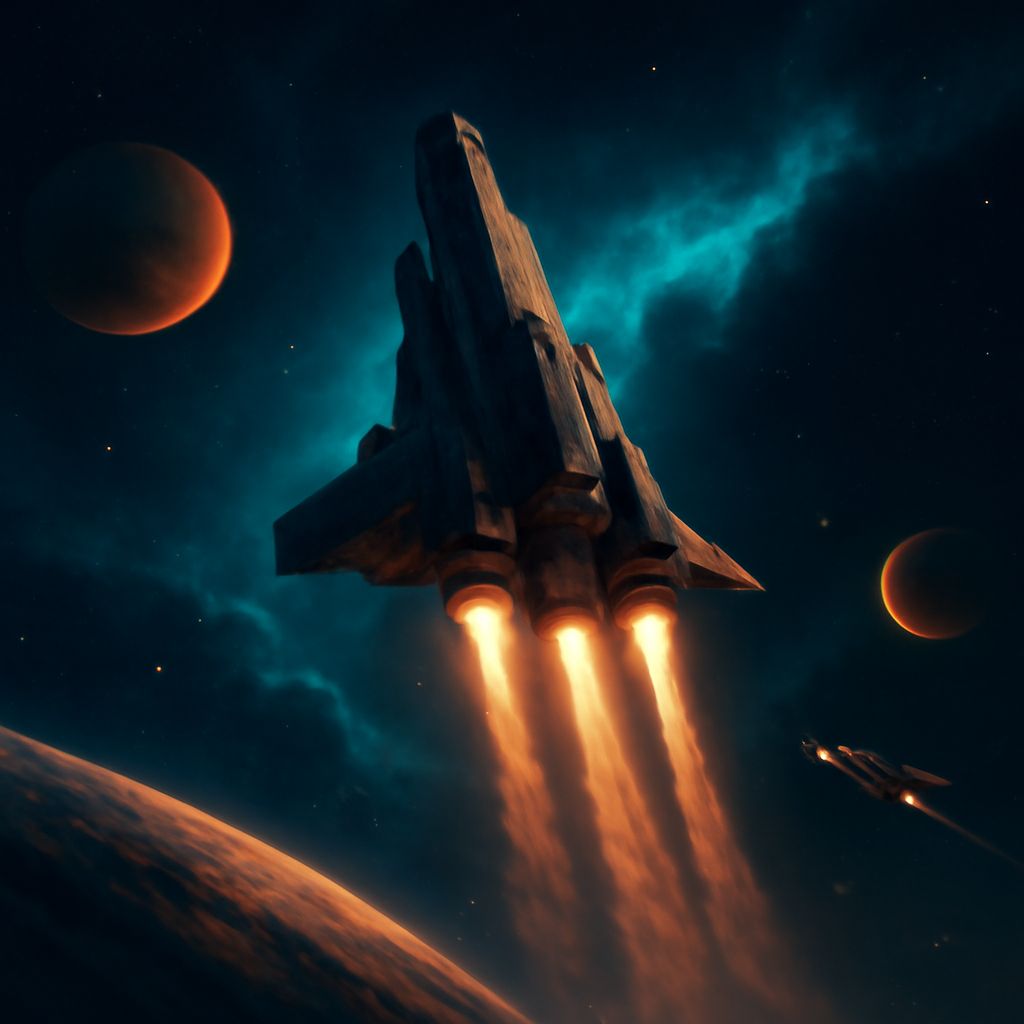 Futuristisches Raumschiff startet vor einer tiefblauen Weltraumkulisse mit leuchtender türkiser Nebelwolke und warmen orangenen Lichtakzenten