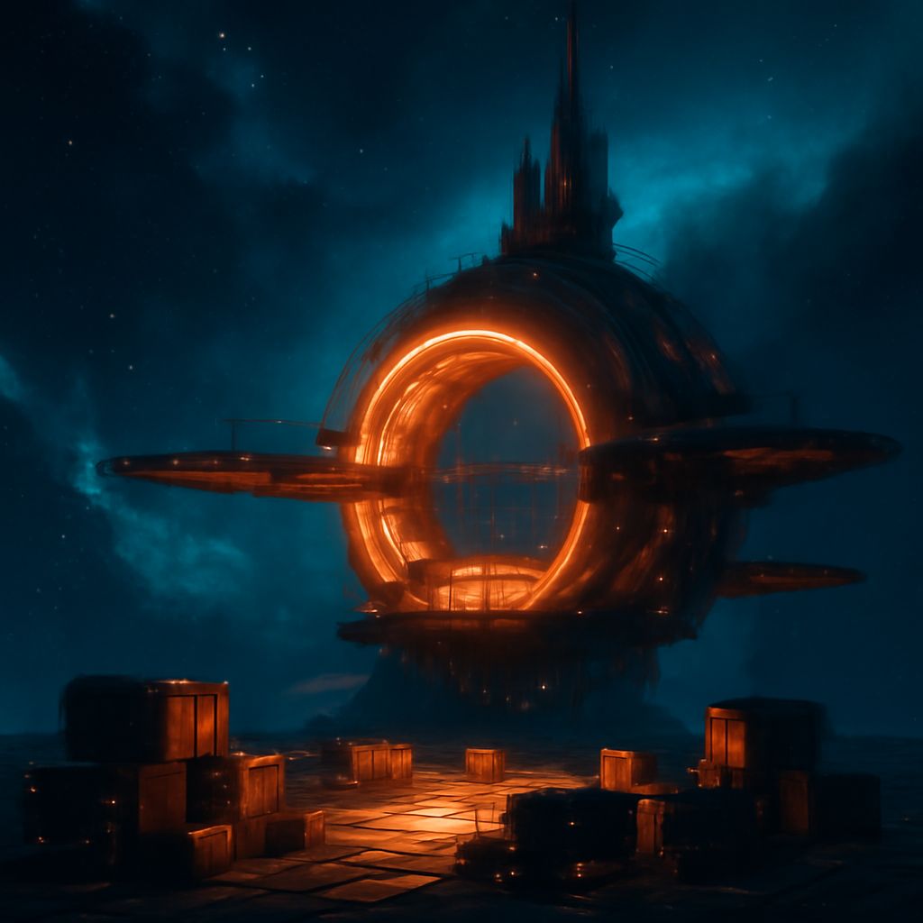 Leuchtende Weltraumstation mit Nachschubkisten und Rohstoffen vor einer tiefblauen und türkisfarbenen Nebelkulisse mit warmem orangem Licht