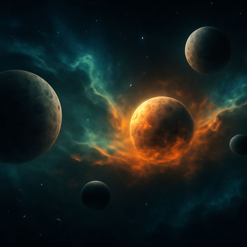 Episches Weltraumkonzept mit inaktiven Planeten in einem weit entfernten Sternensystem vor nebeligem Hintergrund